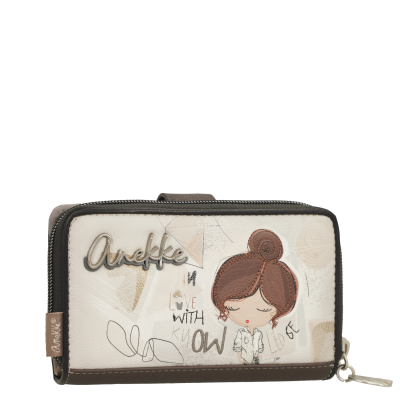 Carteira Anekke bege e castanha com ilustração de menina