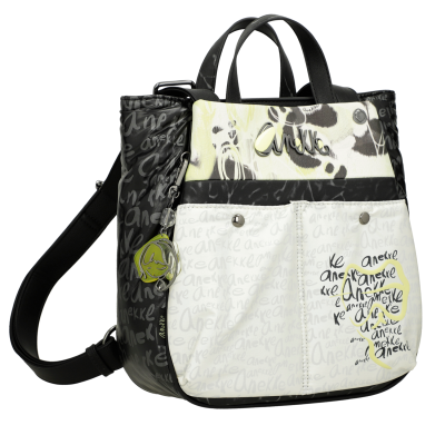 Mala de senhora preta e branca com padrão gráfico e bolsos frontais