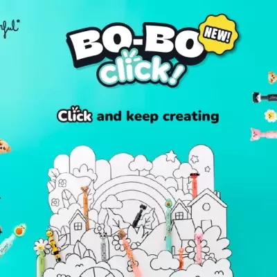 Promoção de canetas coloridas Bo-Bo Click com cabeças de animais e desenho para colorir de vila