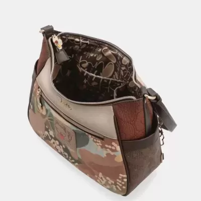 Mala de senhora castanha com padrão floral e fecho de correr