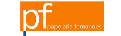 Logótipo laranja com letras brancas pf e texto papelaria fernandes