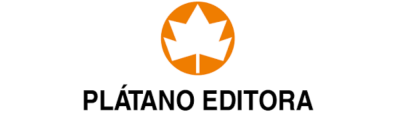 Logotipo da Plátano Editora com folha branca num círculo laranja e texto preto