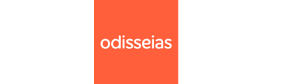 Logótipo branco 'odisseias' sobre fundo laranja
