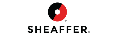 Logótipo da marca SHEAFFER com círculo preto e vermelho e texto SHEAFFER em preto