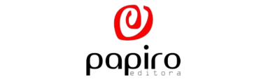 Logótipo da editora Papiro com símbolo vermelho e texto preto e cinzento