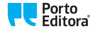 Logótipo da Porto Editora com aspas azuis e texto preto
