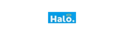 Logo Halo em branco sobre fundo azul com halo amarelo