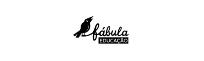 Logótipo preto e branco com texto 'fábula EDUCAÇÃO' e silhueta de pássaro