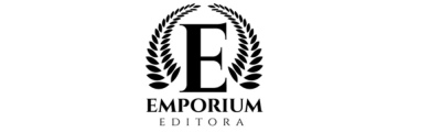 Logótipo preto e branco de editora com letra E rodeada por ramos de louro e texto EMPORIUM EDITORA