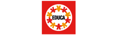 Logótipo com figuras humanas e texto EDUCA num círculo branco sobre fundo vermelho