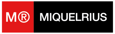 Logótipo MIQUELRIUS com fundo vermelho e preto e texto branco