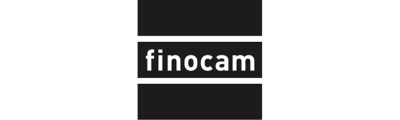Logótipo preto e branco da palavra finocam com quadrados pretos
