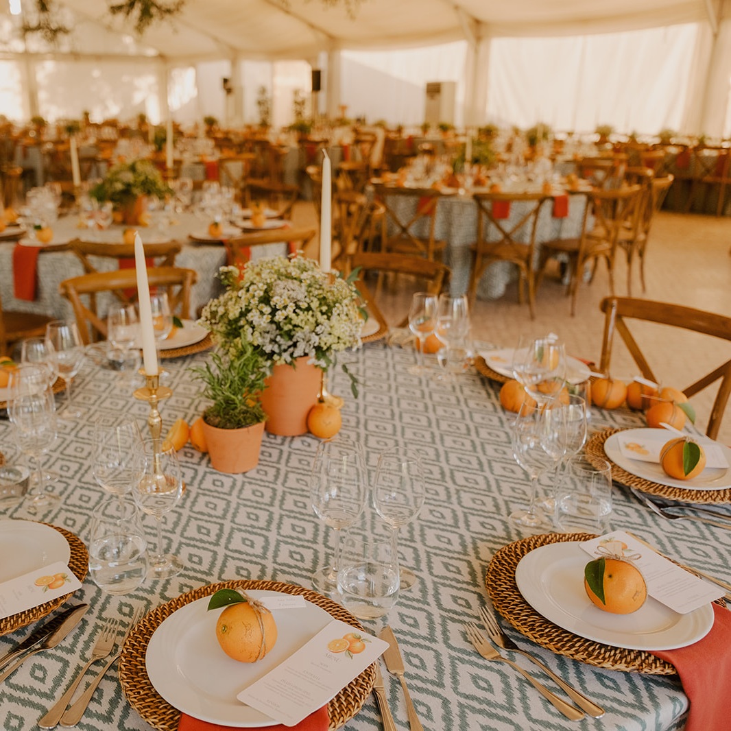 Mesa decorada com toalha azul e branca, pratos brancos com laranjas e flores brancas em vasos de barro