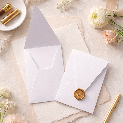 Envelope LR C6 ao alto Dois envelopes brancos, um aberto e outro fechado com selo de cera, flores e objetos dourados num fundo claro