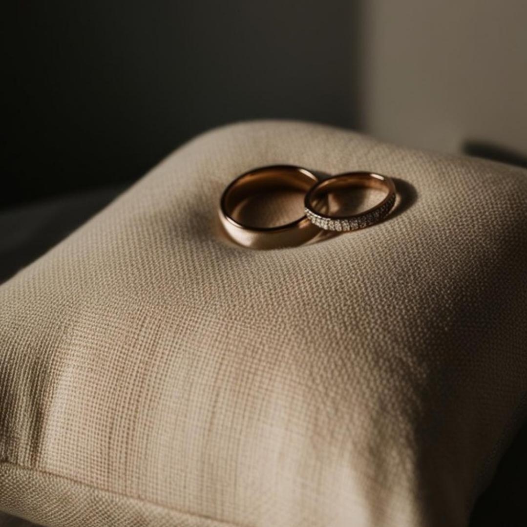 Dois anéis de casamento dourados sobre almofada bege texturada