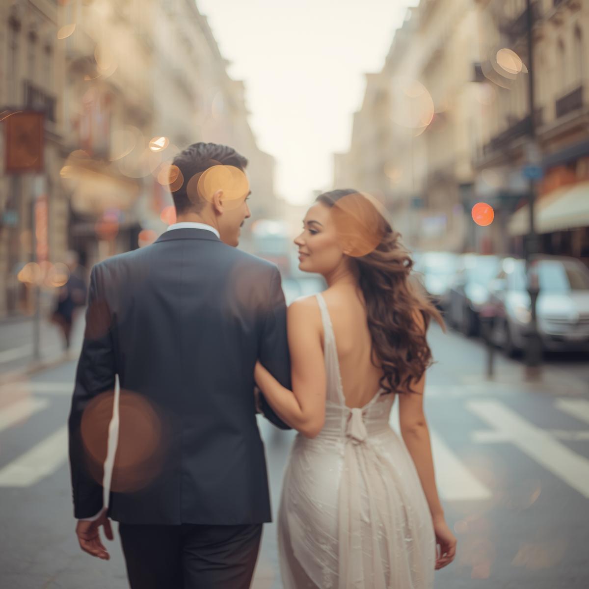 Casal vestido formalmente a caminhar numa rua urbana