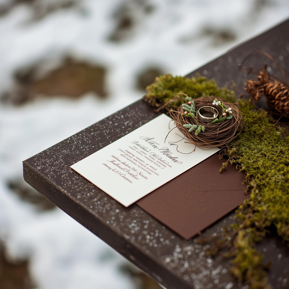 Convite de casamento com alianças e decoração de ninho em ramos sobre mesa marrom com musgo