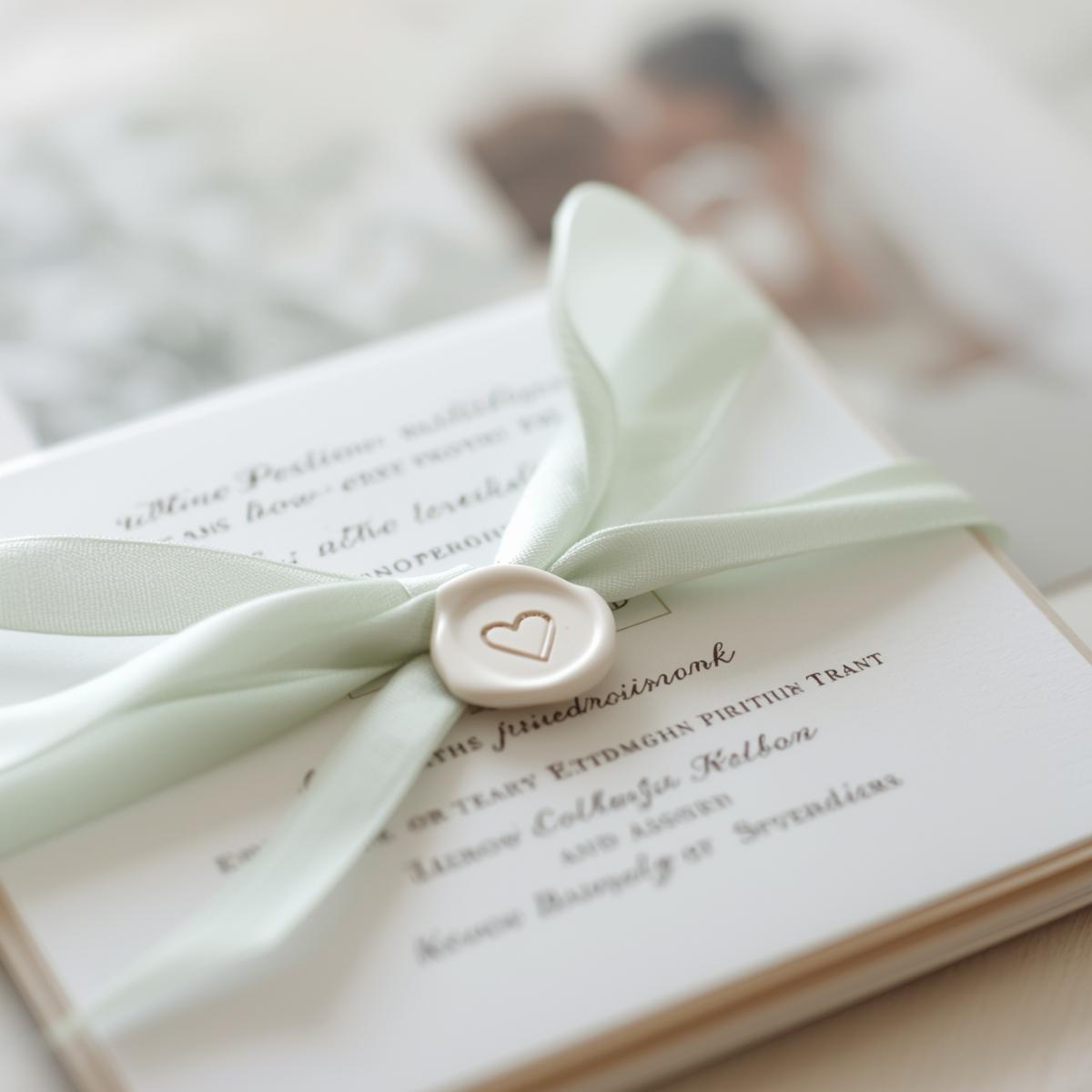 Convite branco com fita verde claro e selo de cera com coração