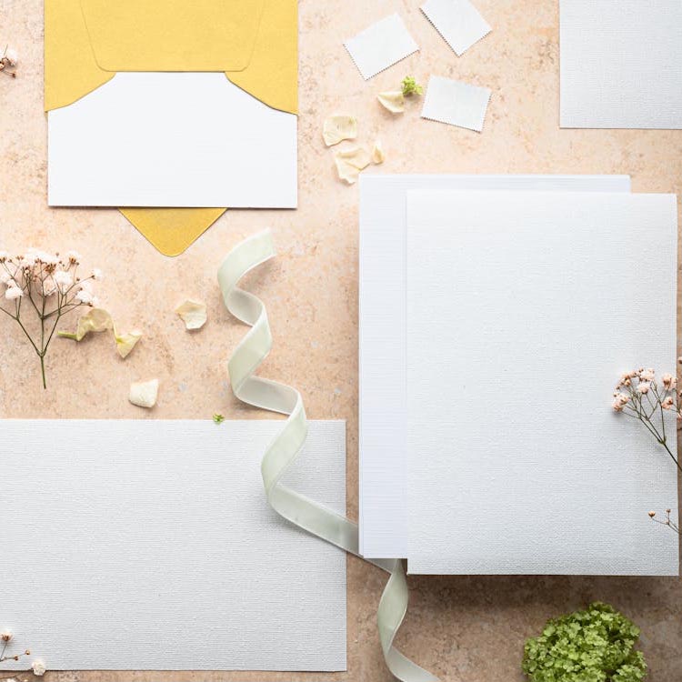 Conjunto de papelaria branco texturizado com envelope amarelo e elementos decorativos