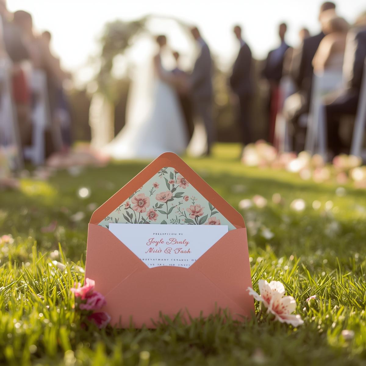 Envelope terracota com padrão floral e convite em relva num casamento ao ar livre