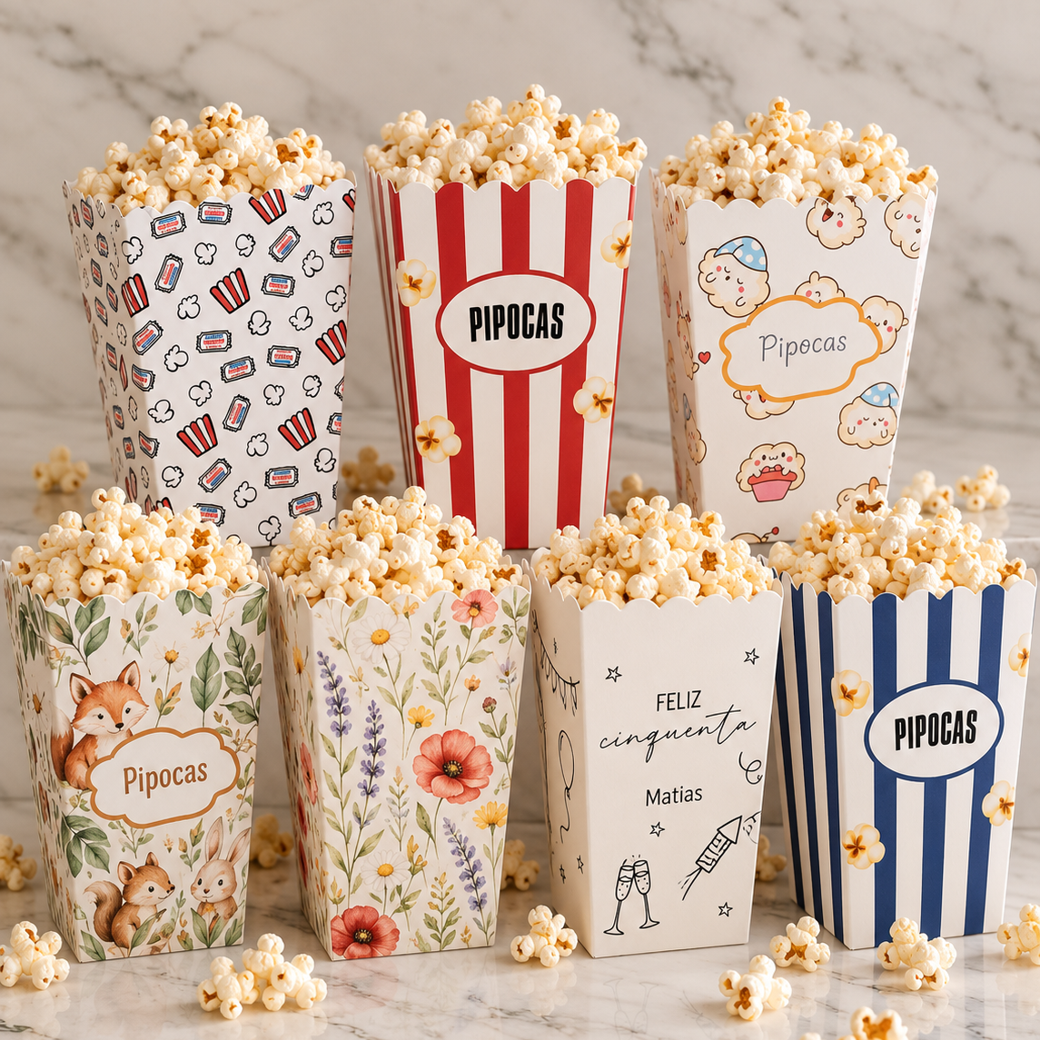 Copos de pipocas para festas Sete caixas decorativas de papel cheias de pipocas sobre superfície de mármore