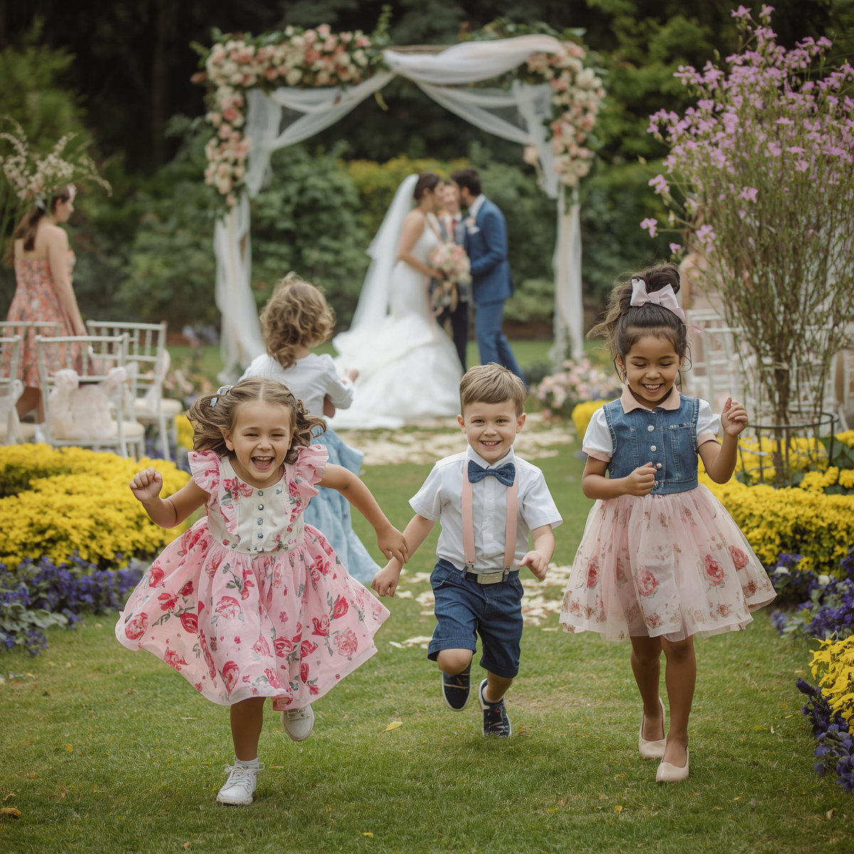 Crianças a correr felizes com roupa formal em jardim decorado para casamento