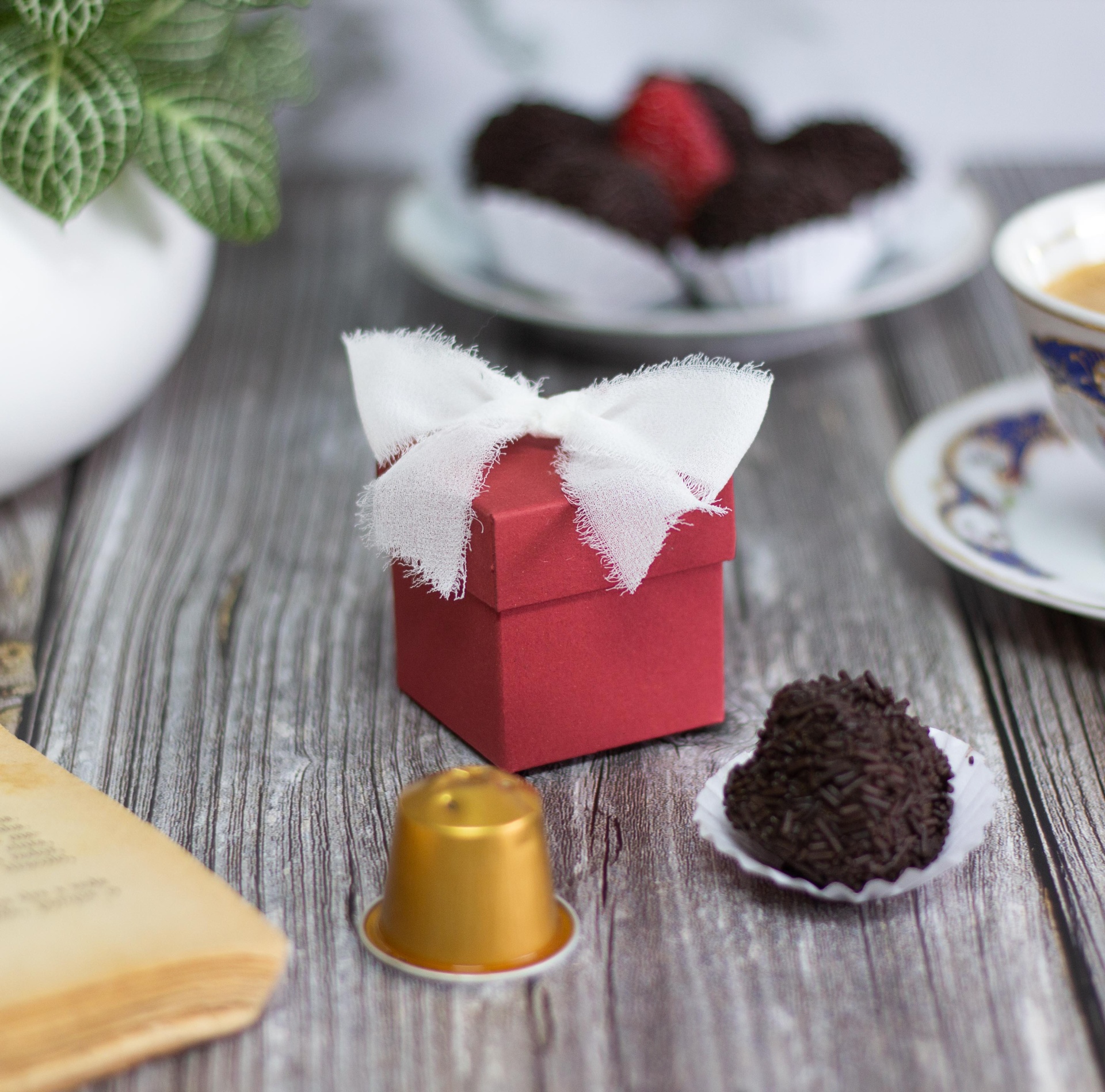 Caixa de presente vermelha com laço branco, bombons de chocolate, cápsula de café, chávena de café azul e branca, planta verde