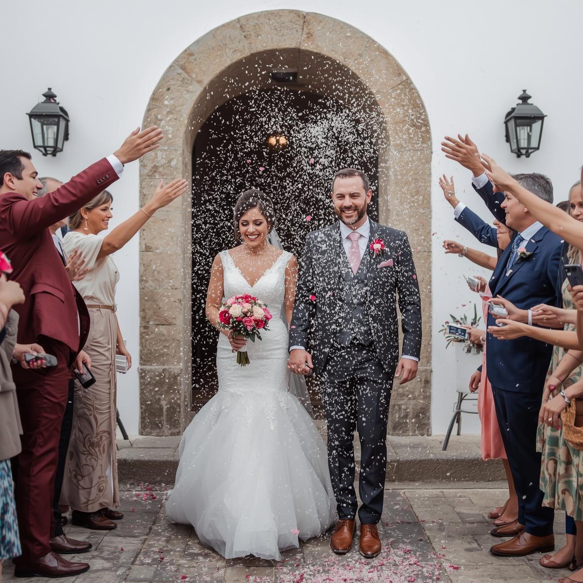 Noivos vestidos formalmente a sair de edifício com arco, convidados a lançar confetes.