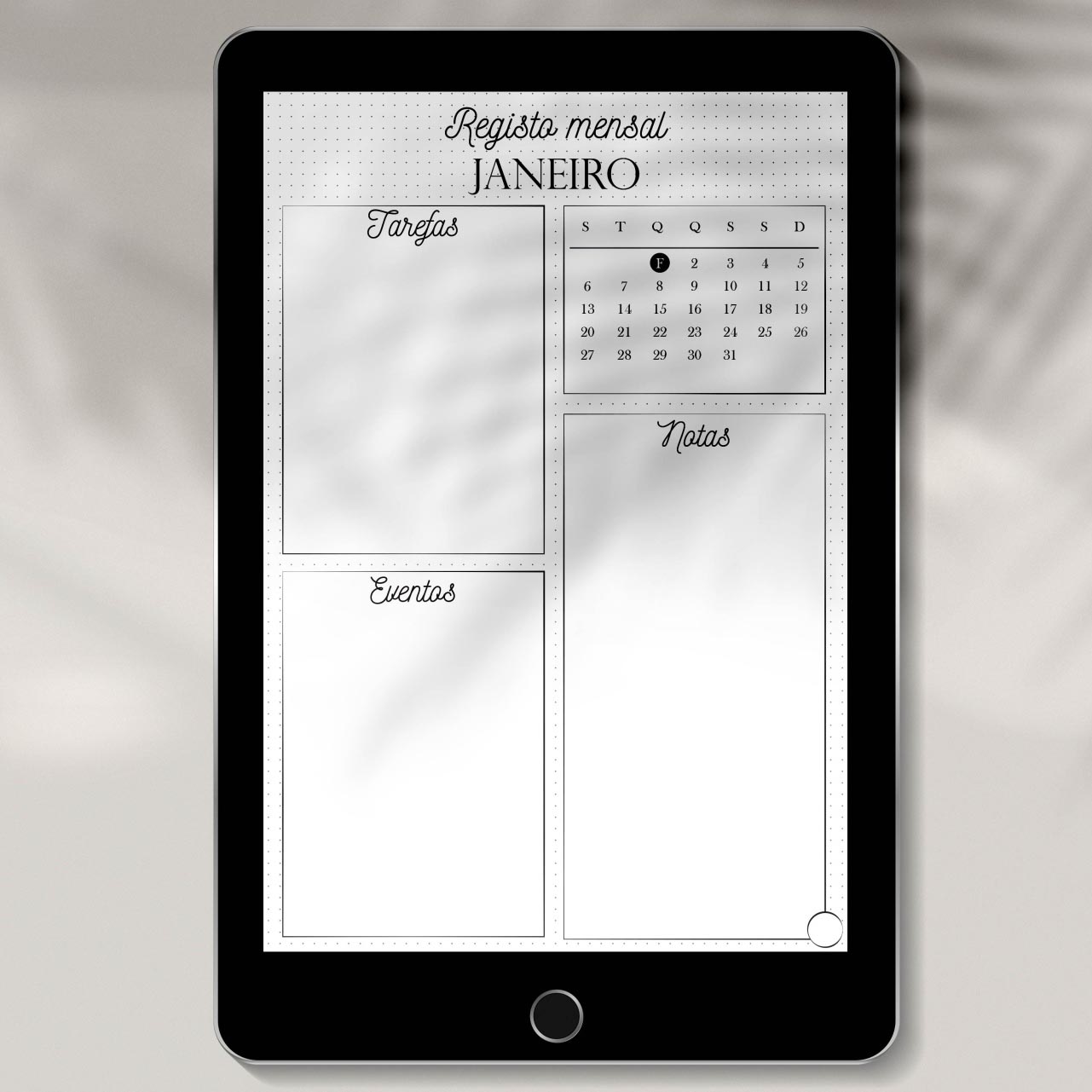 Tablet preto com registo mensal digital de Janeiro