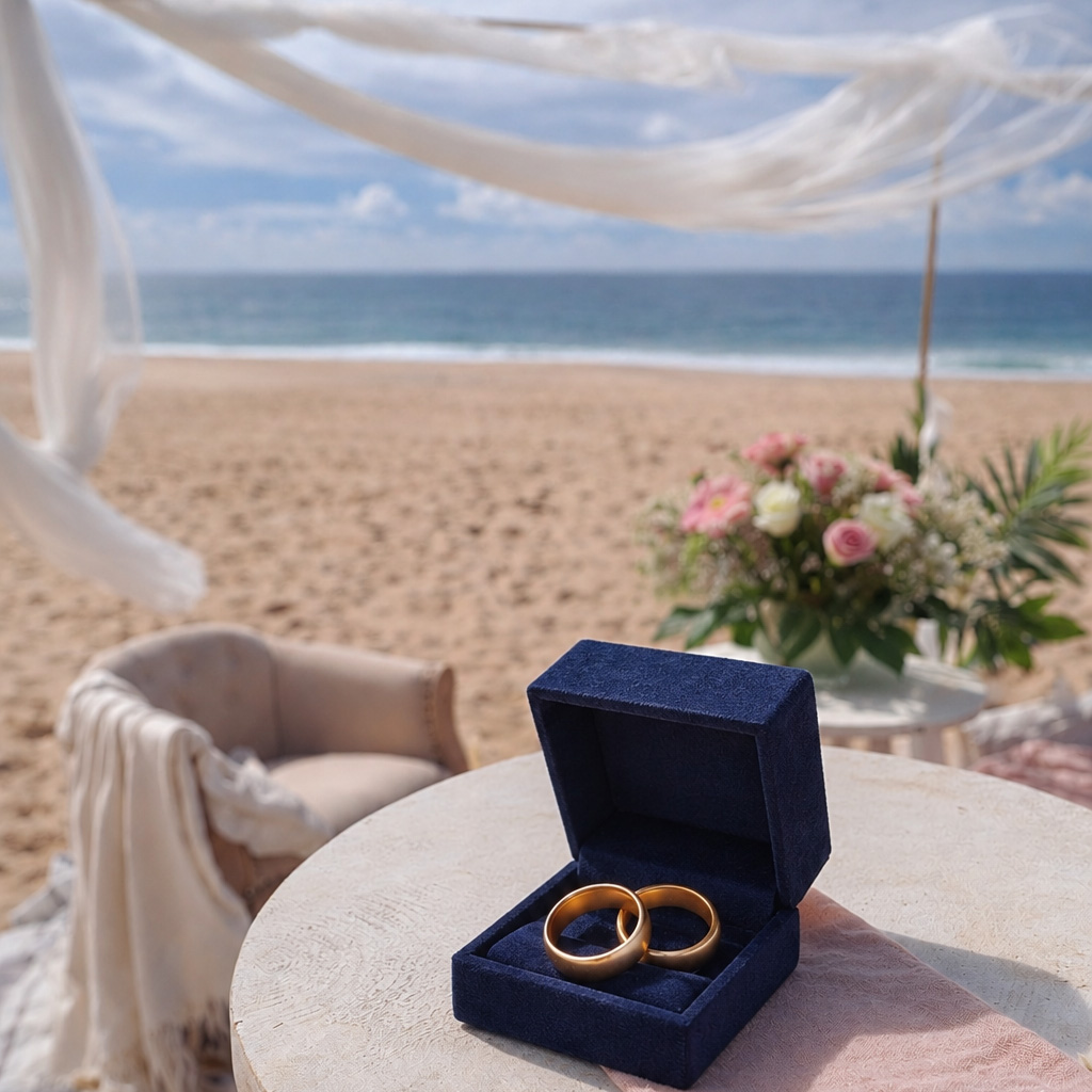 Duas alianças douradas numa caixa azul sobre mesa branca na praia com flores e cadeira ao fundo