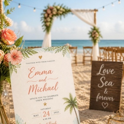 Convite de casamento floral e tropical com decoração de casamento na praia ao fundo