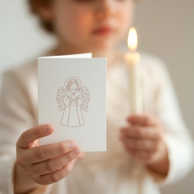 Cartão branco com desenho de anjo e vela acesa nas mãos de uma criança