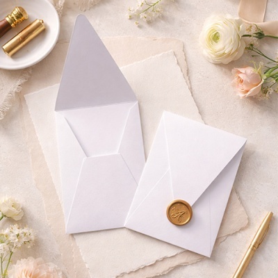 Dois envelopes brancos, um aberto e outro fechado com selo de cera, flores e objetos dourados num fundo claro