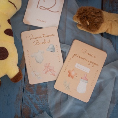 Cartões para bebé com ilustrações e texto em português sobre tecido azul, junto a brinquedos de pelúcia de girafa e leão.