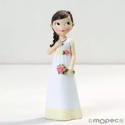Figura decorativa feminina com vestido branco e flores cor-de-rosa