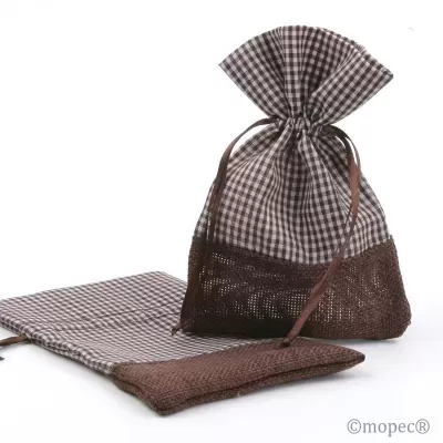 Saco de tecido xadrez castanho claro e branco com base e cordão castanho escuro