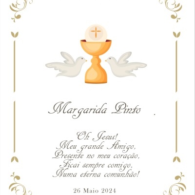Convite para Primeira Comunhão com cálice, duas pombas, e texto em português