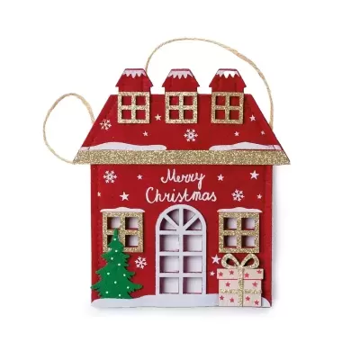 Enfeite de casa de Natal vermelha com detalhes dourados, árvore verde e presente