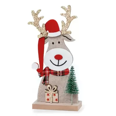 Figura decorativa de rena de Natal com acessórios festivos e base de madeira