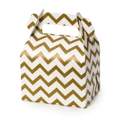 Caixa de papel branca com padrão ziguezague dourado