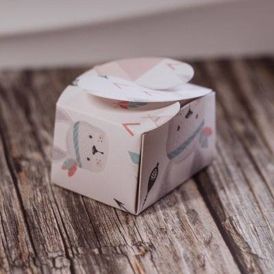 Caixa cúbica de papel com desenhos de animais em tons pastel sobre madeira