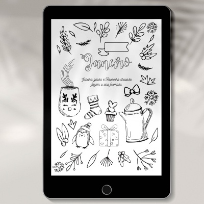 Tablet preto com desenho monocromático e texto em português na tela