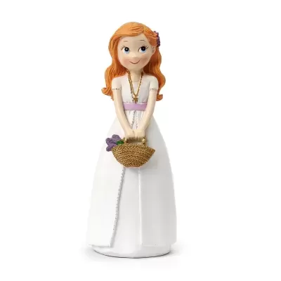 Figura decorativa de menina com vestido branco e cesta