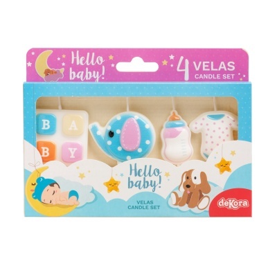 Conjunto de 4 velas decorativas para bebé com cubos, elefante, biberão e fato de corpo