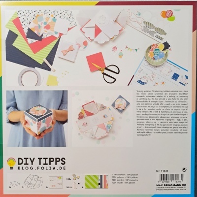 Material DIY com papel colorido, tesoura, fita adesiva e instruções para dobrar caixa