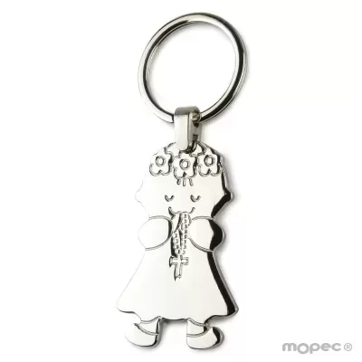 Porta-chaves metálico prateado com forma de menina e terço