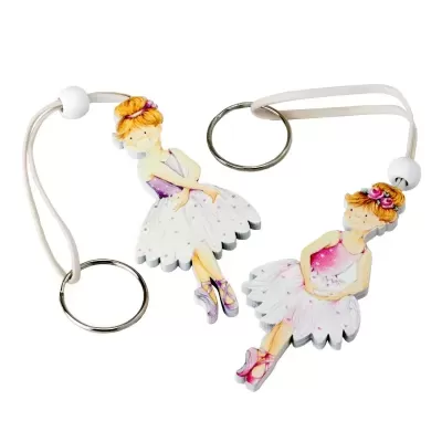 Dois porta-chaves de bailarina em madeira com saia branca e detalhes rosa e púrpura