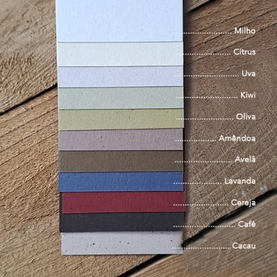 Amostras retangulares de papel colorido com nomes em português colocadas sobre madeira