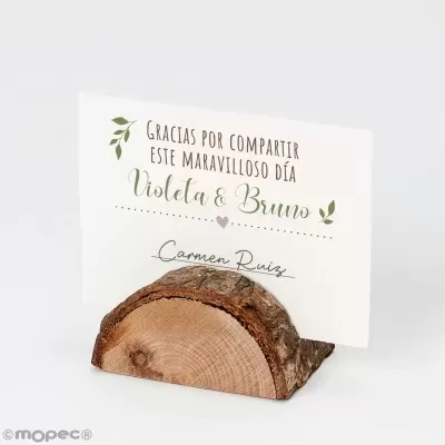Suporte de cartão de madeira natural com cartão inserido