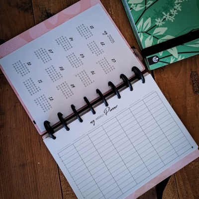 Planner aberto com calendário 2025, capa rosa, fundo madeira e caderno verde ao lado